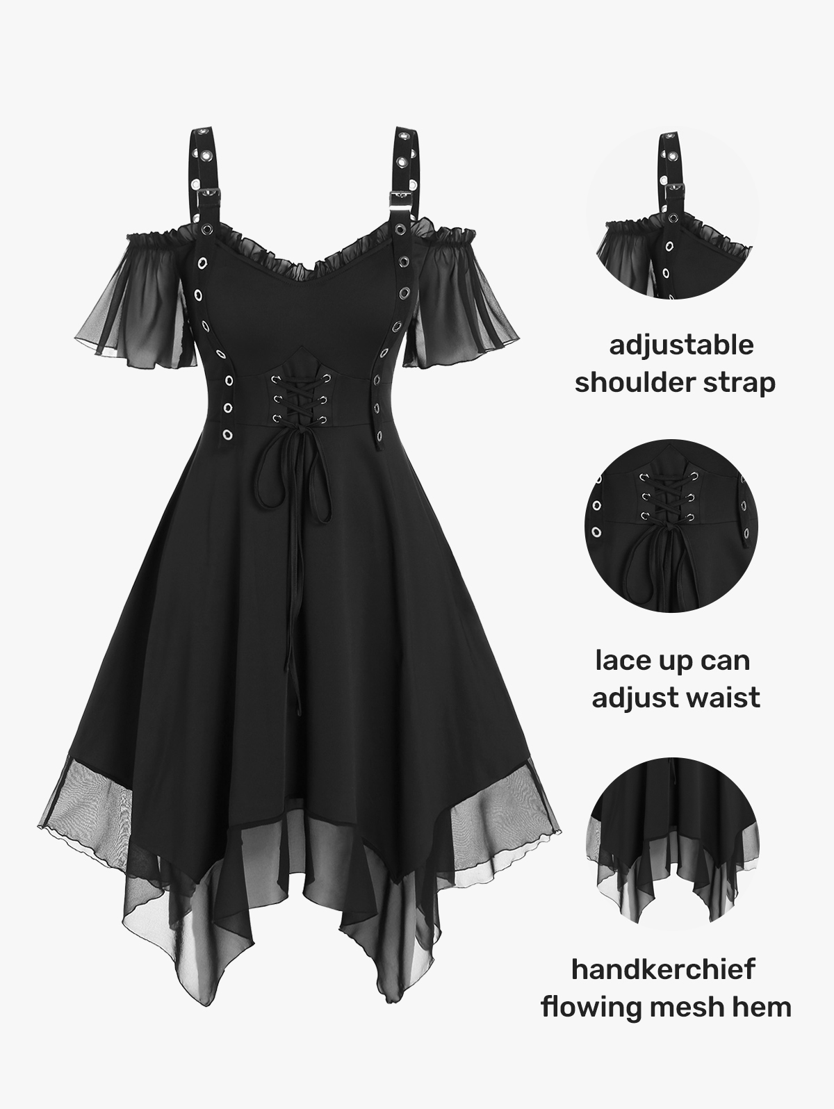 ROSEGAL Gothic Grommet Lace Up Mini Dress Summer S-5XL Black High Waist Cold Shoulder Mesh Handkerchief A-Line Ruffles Dresses