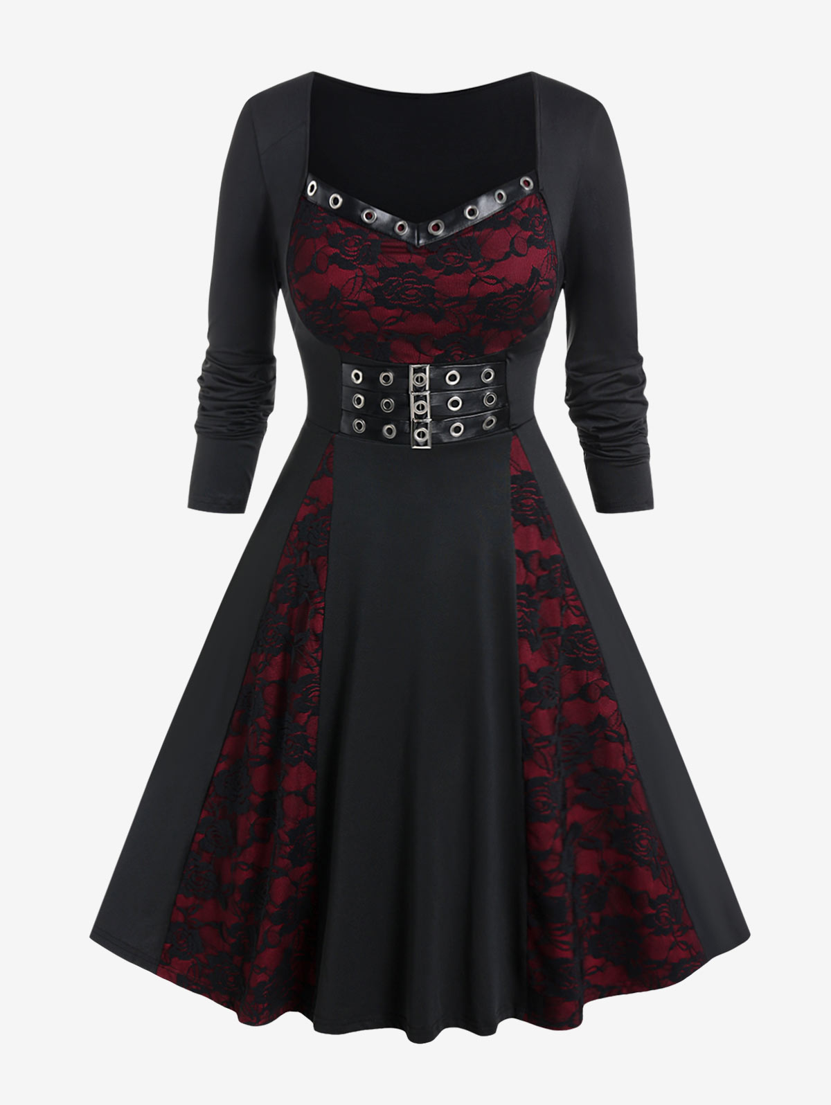 ROSEGAL Gothic Dresses Black High Waist Long Sleeves Vestidos 4XL Buckled Grommets Lace Panel A-Line Dress For Women Fall Winter